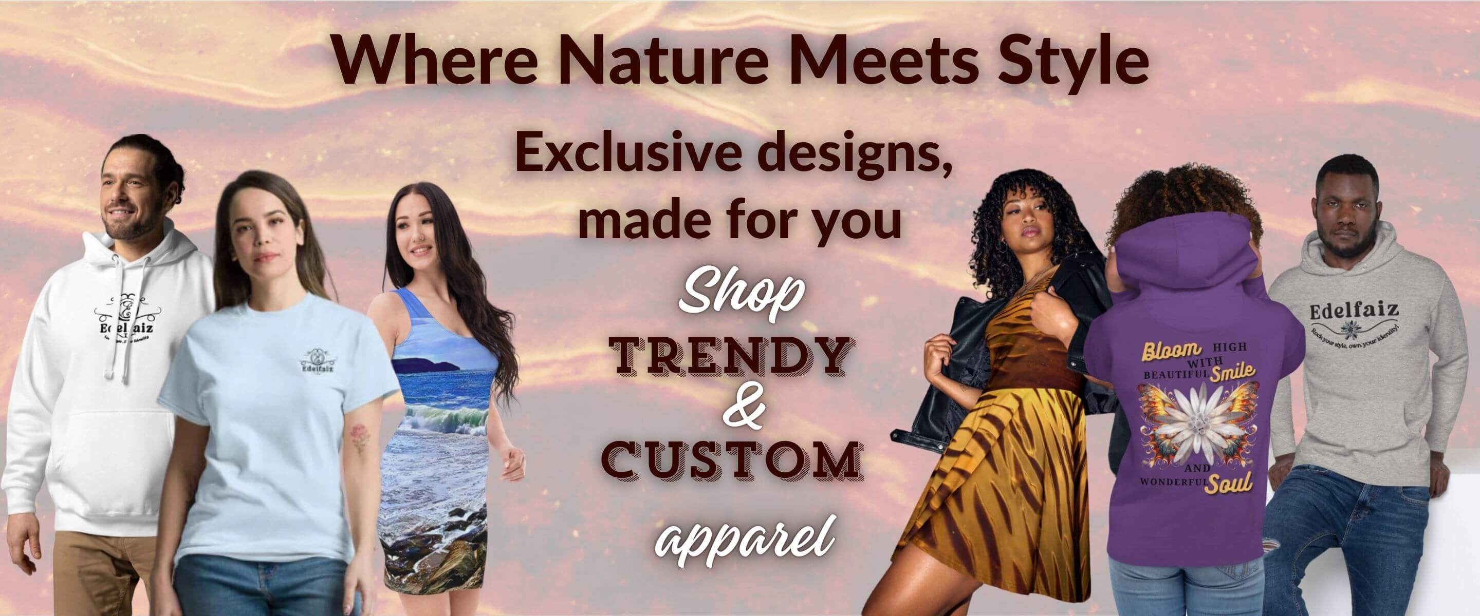 Stylish individuals showcasing trendy, custom apparel against a nature-inspired backdrop, promoting exclusive designs.