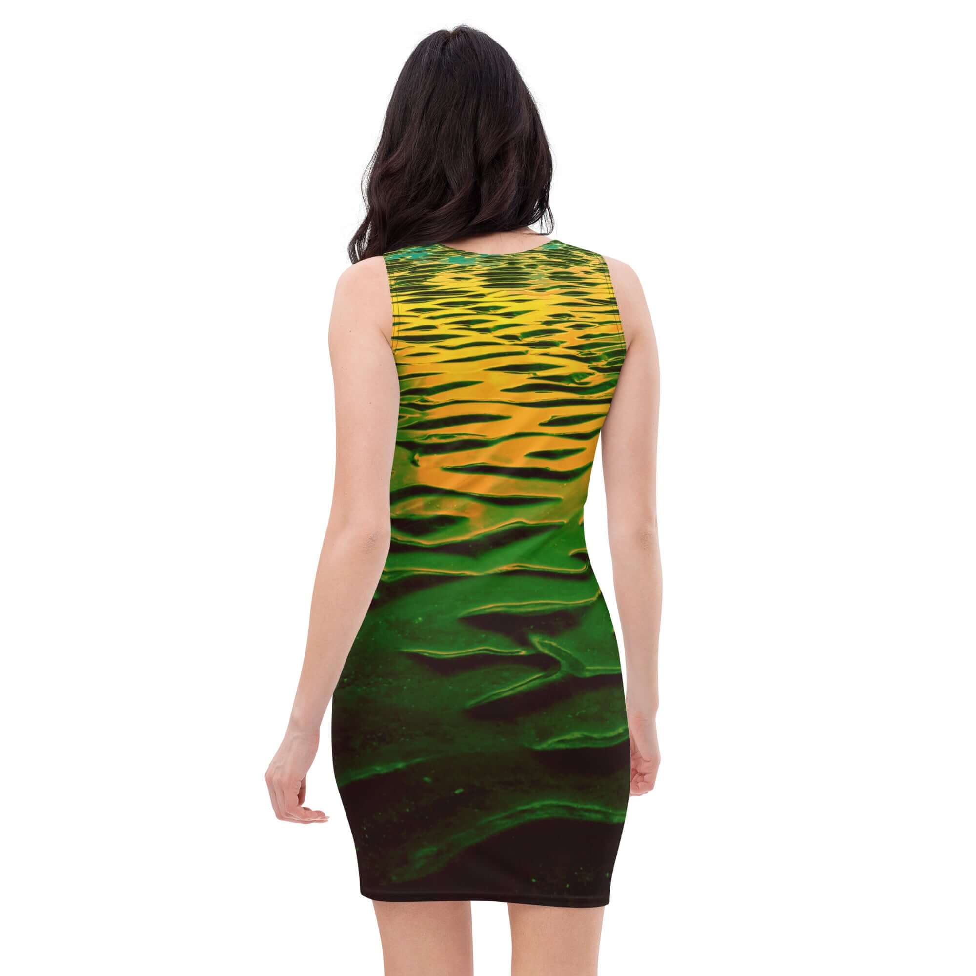 Yellow Green Sunset Iridescent Bodycon Dress – Sea-Inspired Elegance