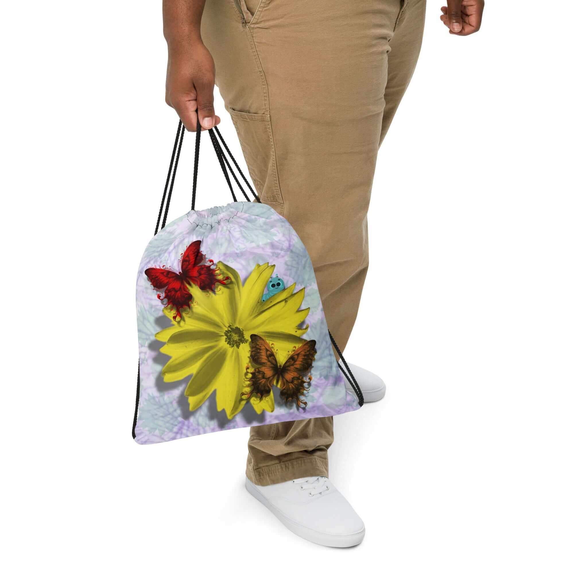 Yellow Flower and Butterflies Drawstring Bag – Nature-Inspired Style